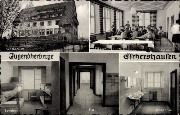 Postcard Eschershausen Lower Saxony, youth hostel, bedroom, hallway, washroom