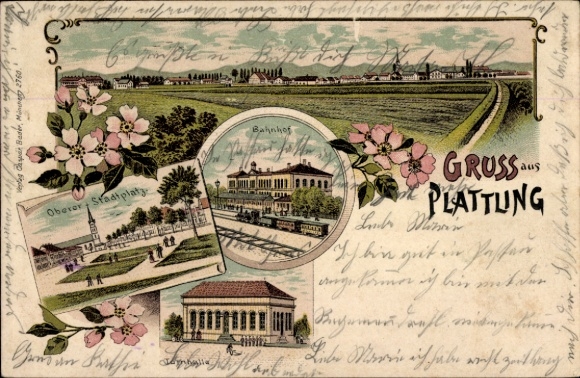 Litho Plattling Niederbayern, Bahnhof, Oberer Stadtplatz, Turnhalle