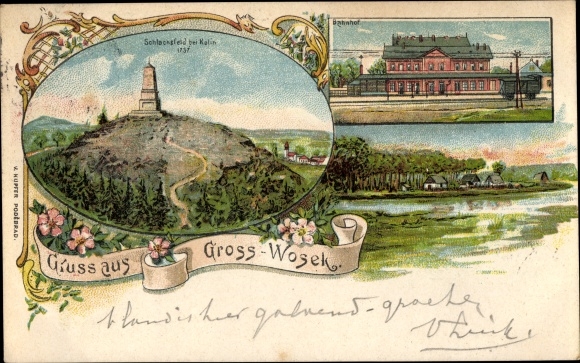 Chromo-Litho Velky Vosek Velký Osek Groß Wossek Wosek Mittelböhmen, Bahnhof, Schlachtfeld 1737