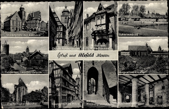 Ansichtkaart Alsfeld im Vogelsbergkreis, stadsgezichten, marktplein, stadhuis, zwembad, klooster