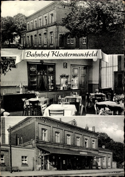 Postcard Klostermansfeld in Saxony-Anhalt, train station restaurant, building, landscape