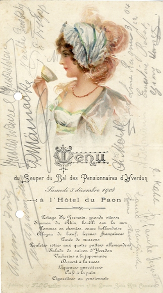 Menükarte, F.L. Caillers, Swiss Milk Chocolate, 3. Dezember 1904, Hotel du Paon