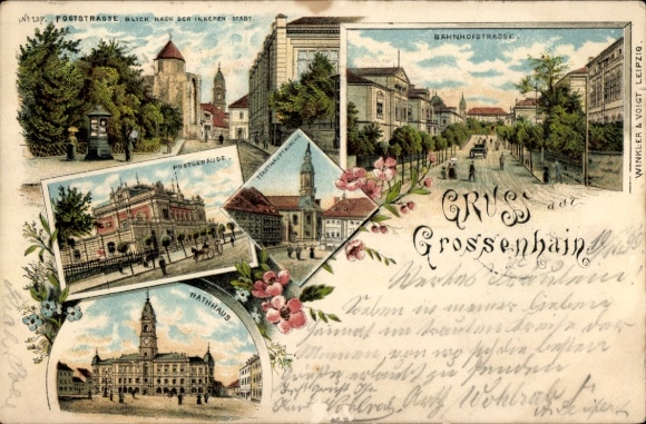 litho Großenhain in Saksen, Poststraße, stadhuis, postkantoorgebouw, Bahnhofstraße, stadskerk
