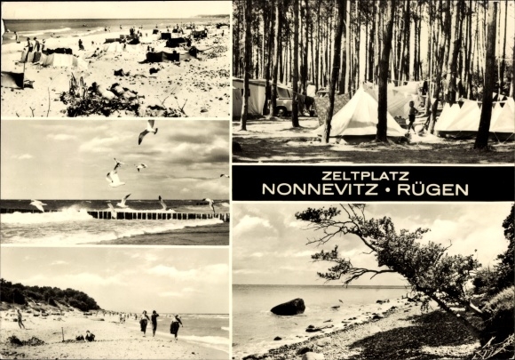 Postcard Nonnevitz Dranske on Rügen, campsite, beach, seagulls