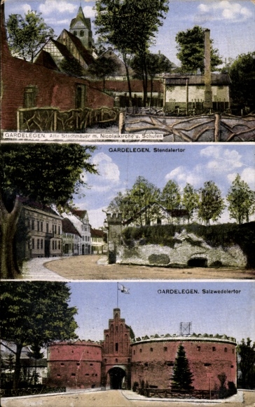 KP Gardelegen w Altmark, mury miejskie, kościół Nicolaikirche, szkoły, Stendalertor, Salzwedeler Tor