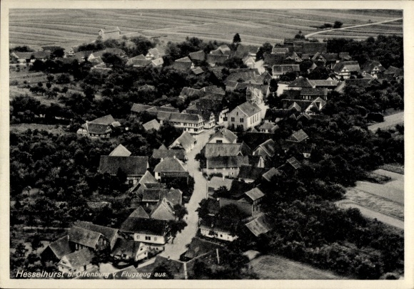 Postcard Offenburg in Baden Black Forest, aerial view of a village, many roofs, rural surroundings