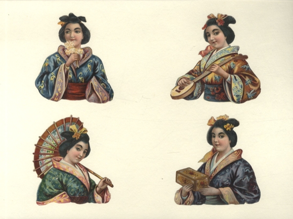 4 wafers Japanese women with umbrella, mandolin etc., size approx. 8.5 x 8 cm each