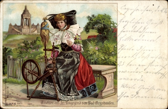 Litho Frau in Volkstracht mit Spinnrad, Schaumburg Lippische Landestracht