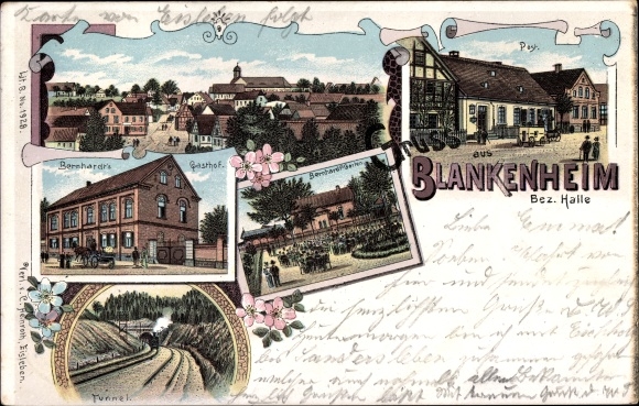 Litho Blankenheim im Südharz Sachsen Anhalt, Gasthof, Post, Eisenbahntunnel, Totalansicht