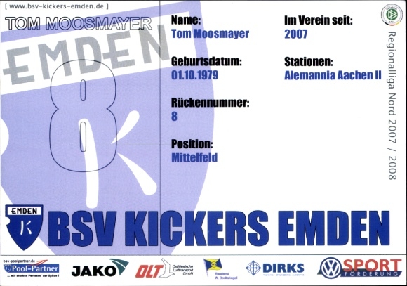 Karta z autografem piłkarza Toma Moosmayera, BSV Kickers Emden, autograf