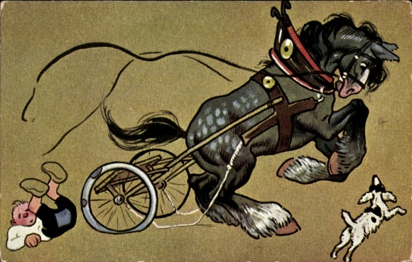 Postcard Unbridled Horse, Man on the Ground, Dog