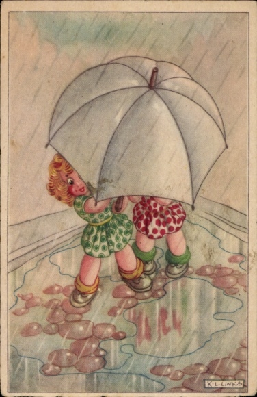 Künstler Ak Links, Karel L., Zwei Mädchen unter einem Regenschirm