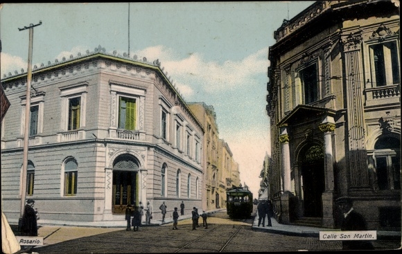 Postcard Rosario Argentina, Calle San Martin, tram