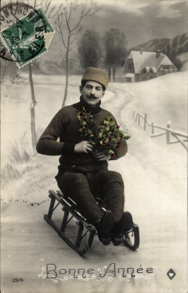 Postcard Happy New Year, man driving sleigh, holly