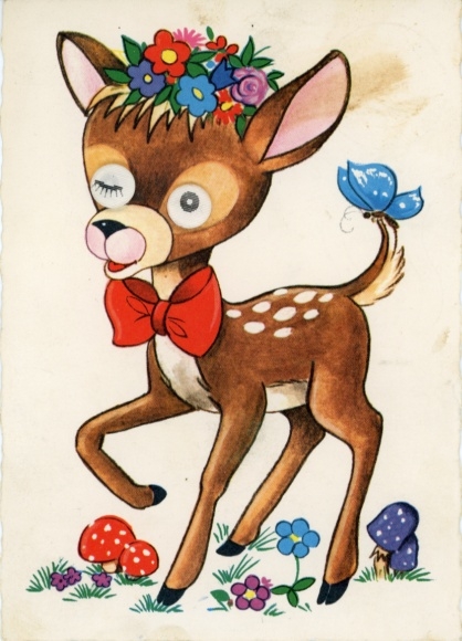 Artist Postcard Deer, Fly Agarics, Flowers