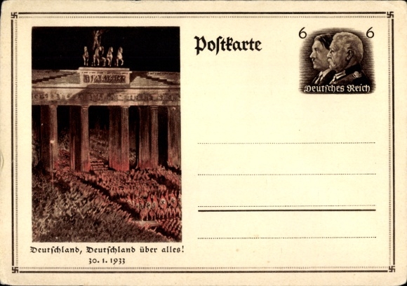 Ganzsachen Ak Berlin, Deutschland über alles, Aufmarsch 30. Januar 1933, Brandenburger Tor