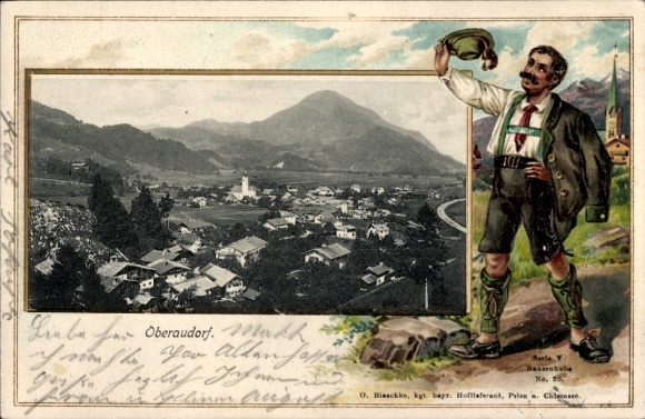 Embossed Passepartout PC Oberaudorf in Upper Bavaria, general view, man in traditional costume