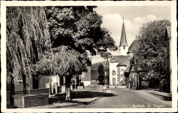 Postcard Burbach im Siegerland, house section, fountain, church