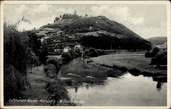 Postcard Marsberg in the Hochsauerland district, Diemel section with view to the village, church, mountain