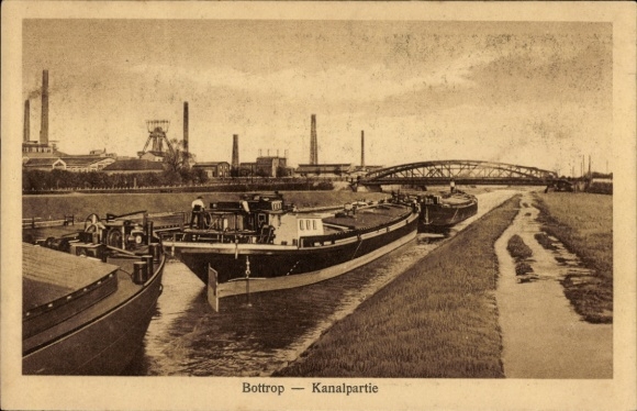 Postcard Bottrop in the Ruhr area, Prosper I mine on the canal, ship canal, bridge, industrial area