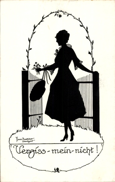 Paper cutting artist Postcard Boettcher, Hans, Forget me not, Woman at the garden gate