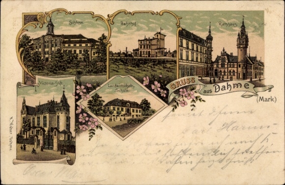 Chromo-Litho Dahme in der Mark, castle, railway station, town hall, Victoria-Stift, agricultural school
