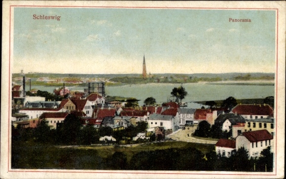 Ak Schleswig aan de Schlei, panoramisch uitzicht over de stad, haven, kerktoren
