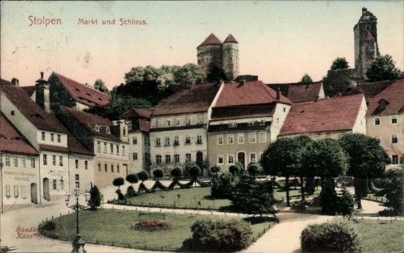 Postcard Old Town Stolpen in Saxony, market and castle, colored, hand-drawn