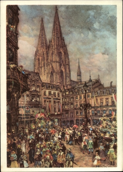 Postal stationery artist PC Köln am Rhein, carnival, parade, cathedral