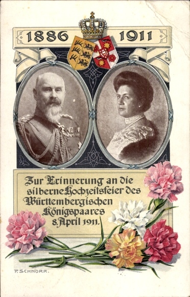 Artist Postcard Schnorr, King Wilhelm II of Württemberg, Queen Charlotte, Silver Wedding 1911, Coat of Arms