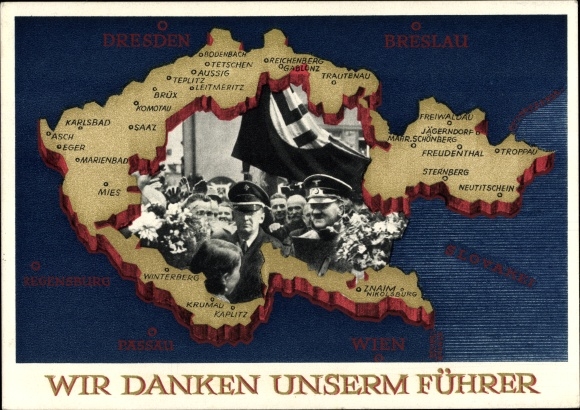Postal stationery Postcard We thank our leader, Sudetenland, Bohemia, Moravia, Hitler
