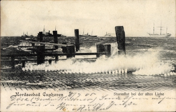 Postcard North Sea resort Cuxhaven, North Sea resort storm surge, old love, waves, wooden jetty