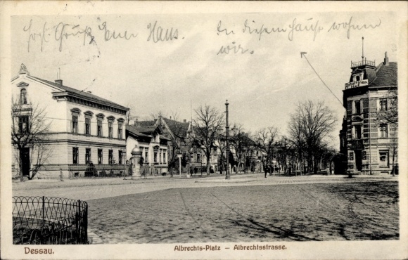 Postcard Dessau in Saxony-Anhalt, Albrechts-Platz, Albrechtsstraße, architecture, trees, sidewalk