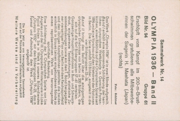 Collector's card Olympics 1936, 200m swimmers, H. Maehata