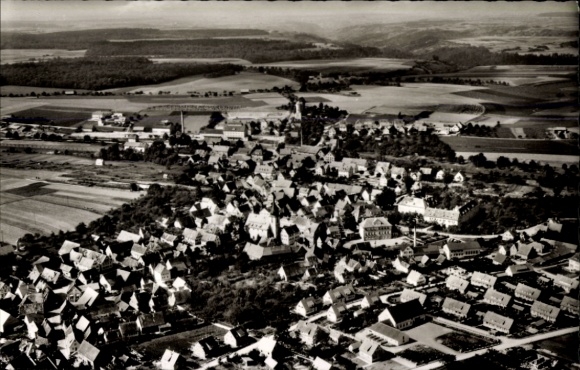 Postcard Schrozberg in Württemberg, aerial photograph
