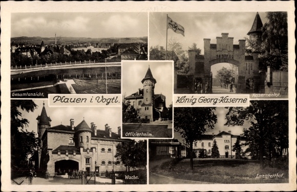Postcard Plauen Vogtland, king Georg barracks, guard, barracks gate, hospital yard, officers&#39; home