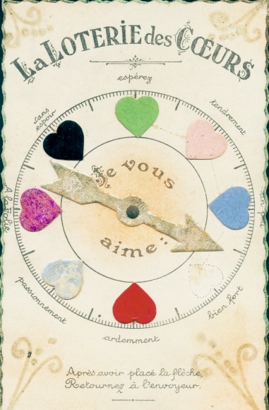 Mechanische Postcard The Lottery of Hearts, I love you, drehbarer Pfeil