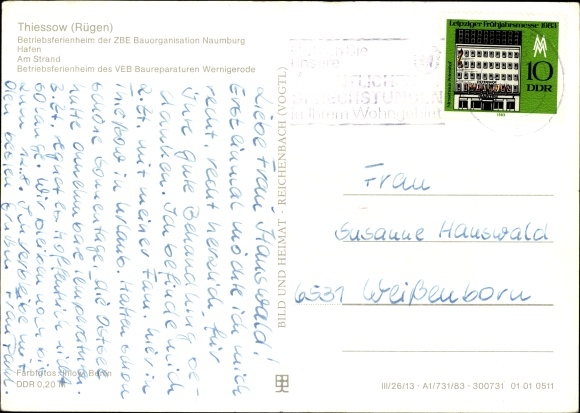 Postcard Thiessow Rügen, holiday home ZBE building organization Naumburg, VEB building repairs Wernigerode