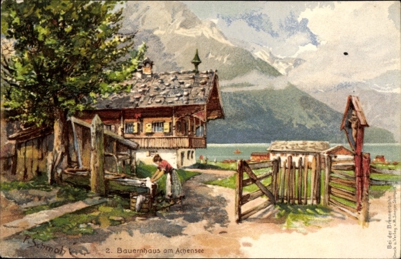 Artist Chromo-Litho Schmohl, P., Tyrol, View of a farmhouse on Lake Achensee, wayside cross