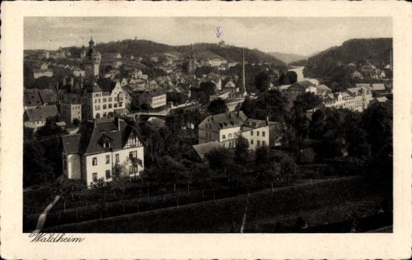 Postcard Waldheim in Saxony, landscape photograph, city view, historical architecture, trees