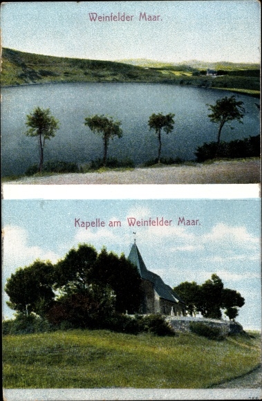 Postcard Schalkenmehren in the Eifel, Weinfelder Maar, chapel