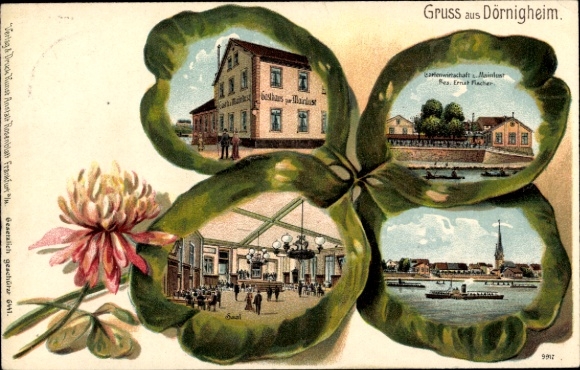 Kleeblatt Chromo-Litho Dörnigheim am Main, city views, Gasthaus Mainlust