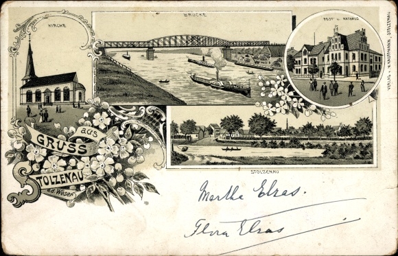 Chromo-Litho Stolzenau on the Weser, post office, town hall, bridge, church