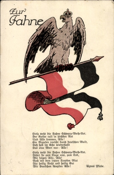 Postcard poem To the flag, proudly flies the flag black-white-red, eagle with crown