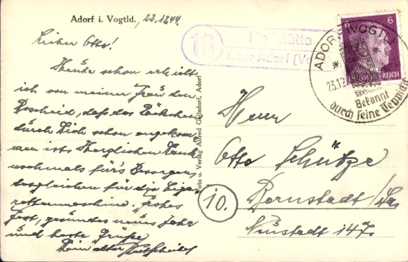 Landpoststempel (10) Heilstätte Adorf im Vogtland auf Ansichtskarte 23.12.1944