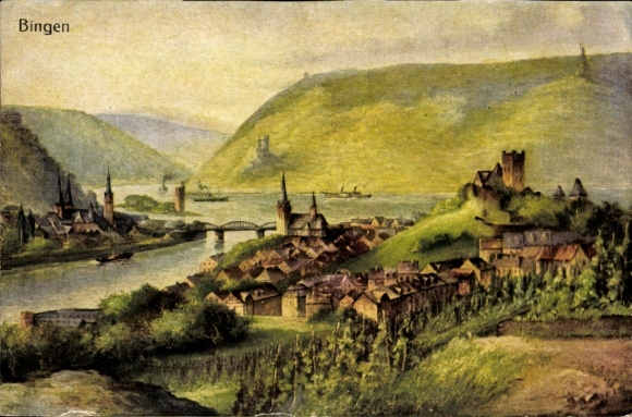 Postcard Bingen am Rhein, landscape with river, vineyards, castles, Bingerbrücke, Elisenhöhe
