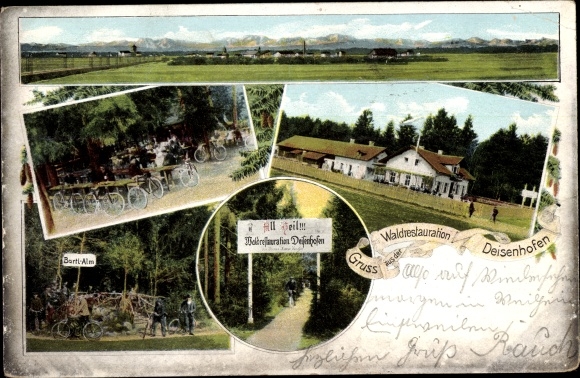 Postcard Deisenhofen Oberhaching Upper Bavaria, Bartl Alm, inn forest restoration Deisenhofen, cyclists