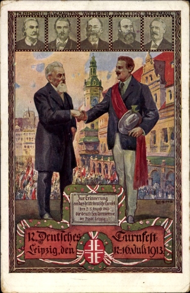 Artist Chromo-Litho Liebing, Leipzig in Saxony, 12th German Gymnastics Festival 1913, heart and hand to the fatherland