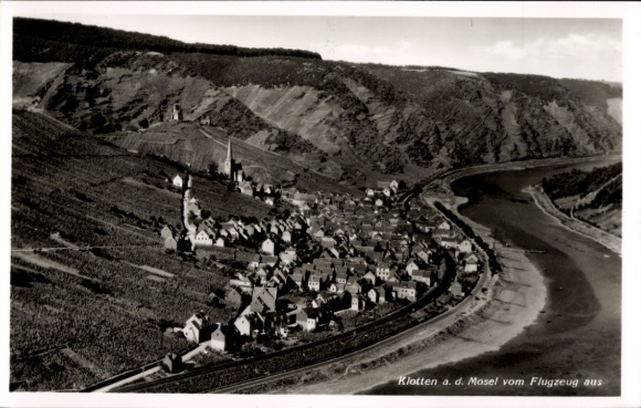 Postcard Klotten on the Moselle, bird's eye view of Klotten, Moselle, hilly landscape, river