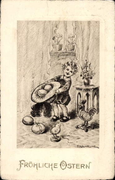 Artist Postcard Kaskeline, F., congratulations Easter, child with eggs in a hat